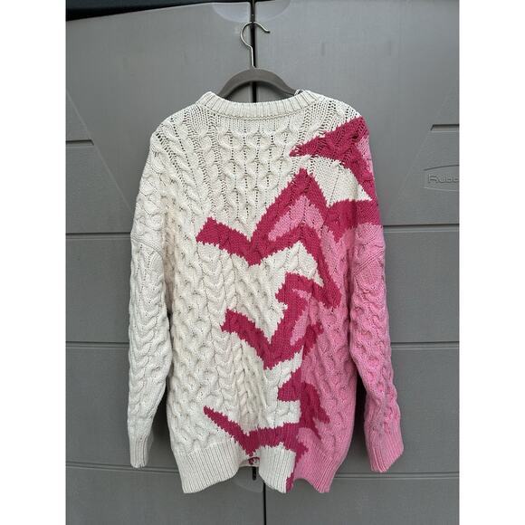 ZARA Oversized Cream Pink Jacquard Chunky Cable Knit Fisherman Sweater Sz M Retr - Picture 14 of 16
